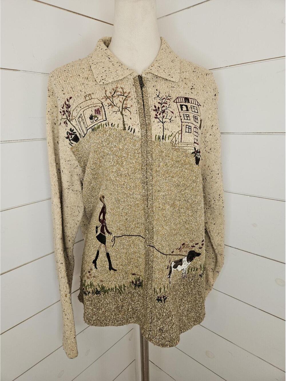 Vintage Tan Jay medium tan zipper cottage teacher core dog cardigan sweater
